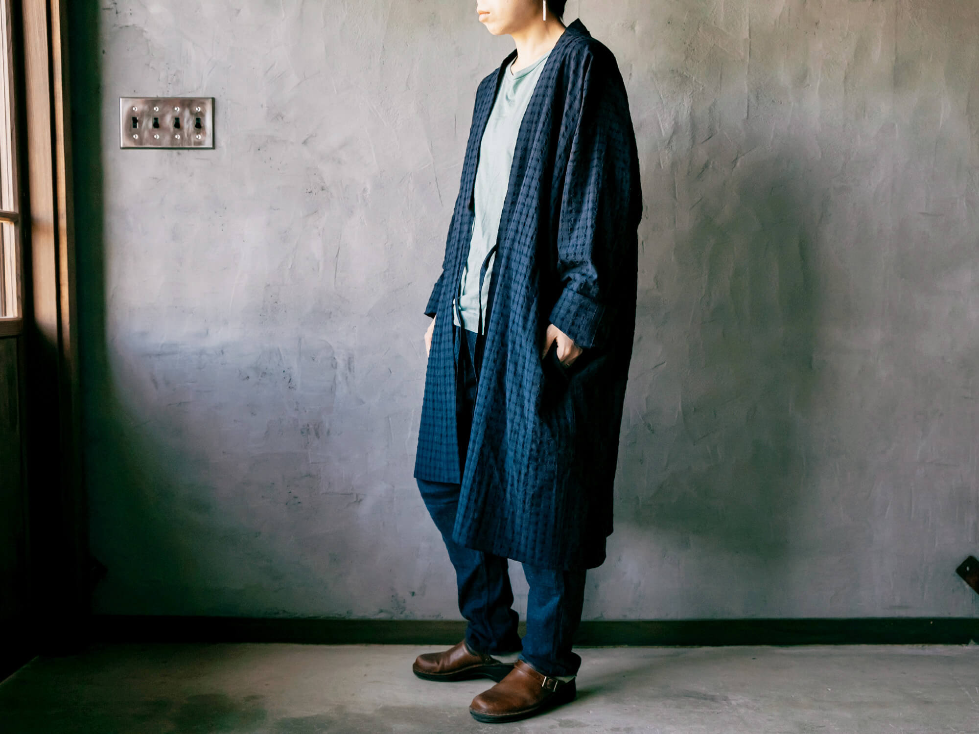HAORI LONG チェックネイビー／うなぎの寝床
