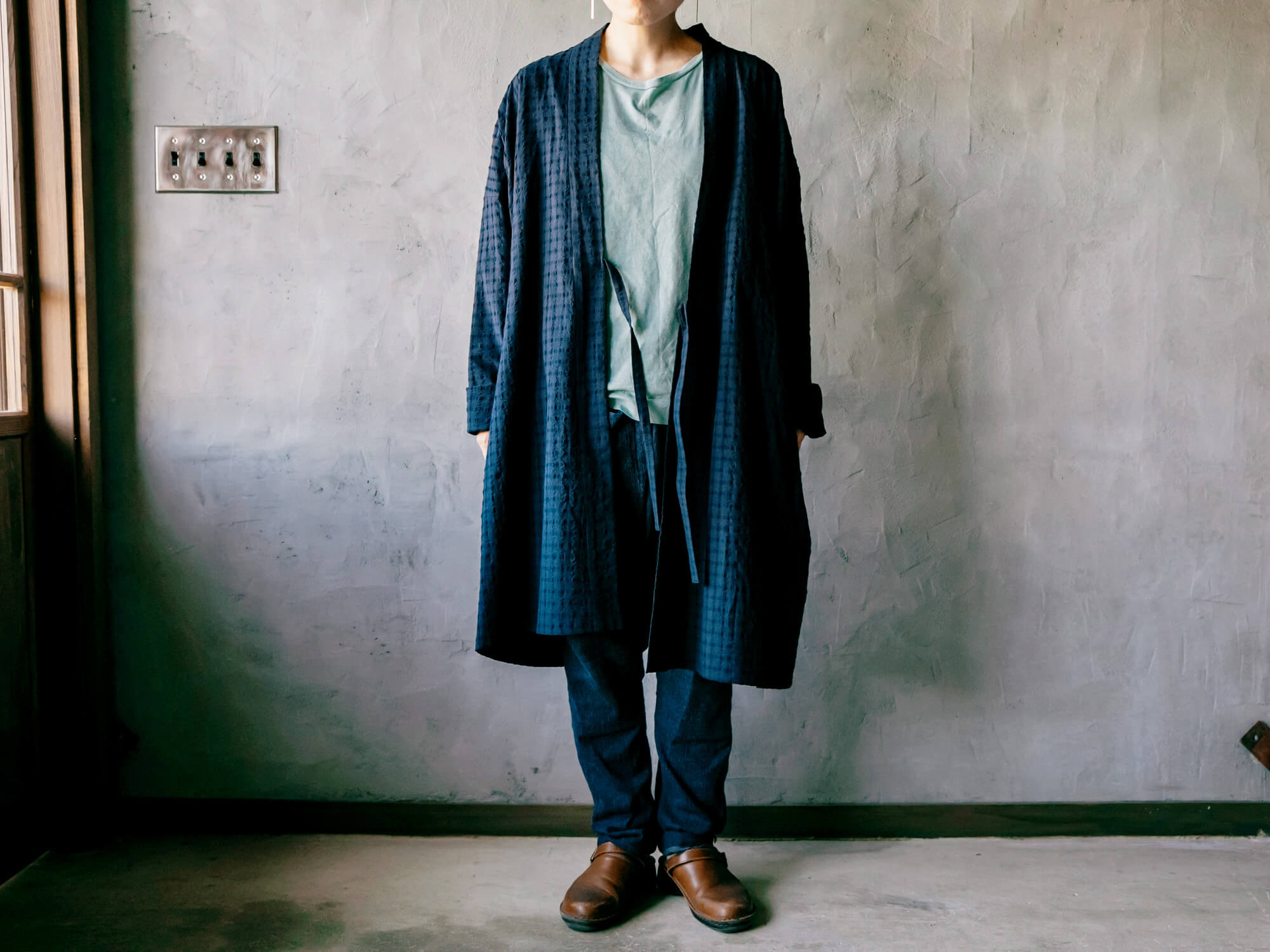 HAORI LONG チェックネイビー／うなぎの寝床