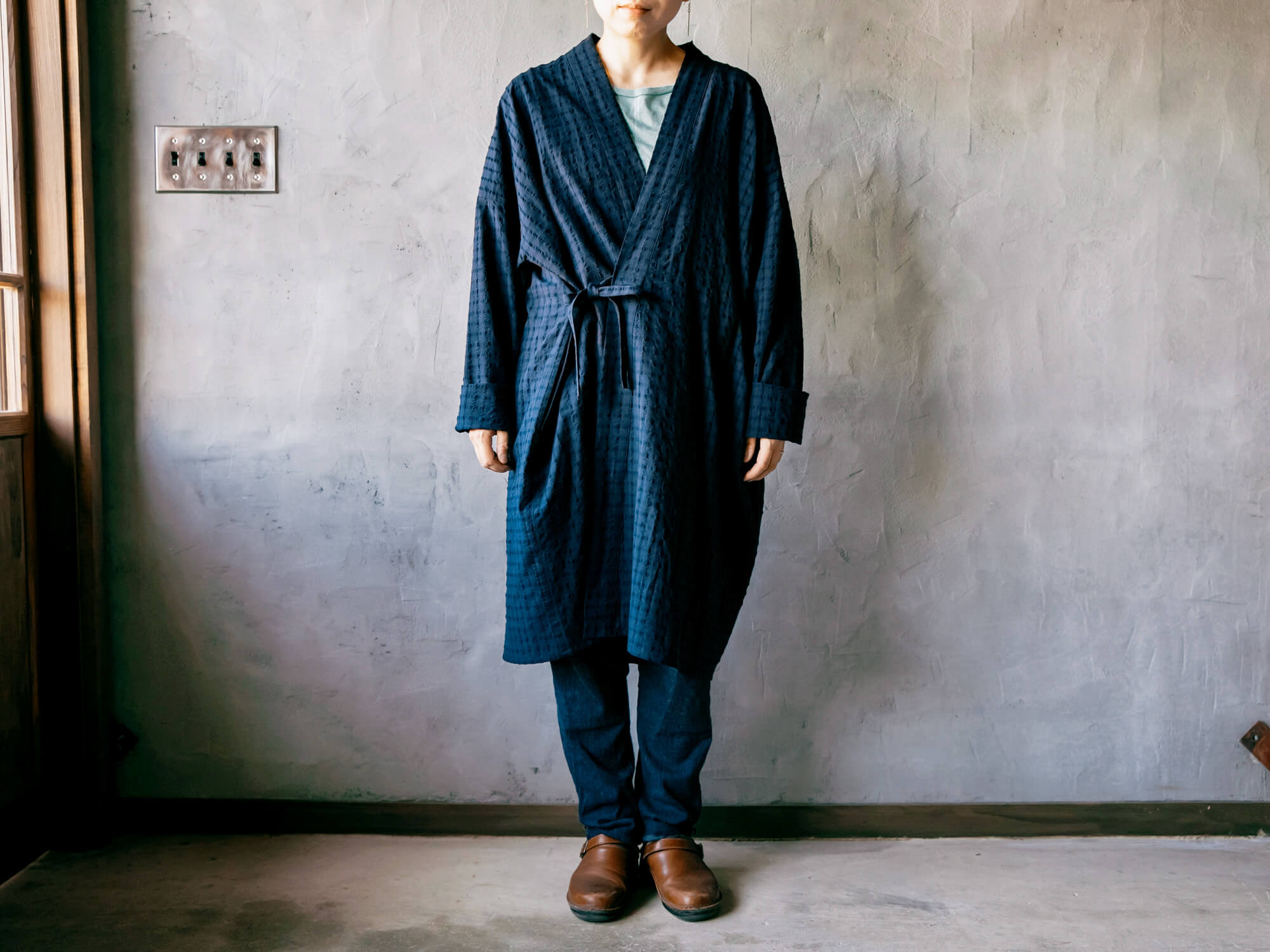 HAORI LONG チェックネイビー／うなぎの寝床