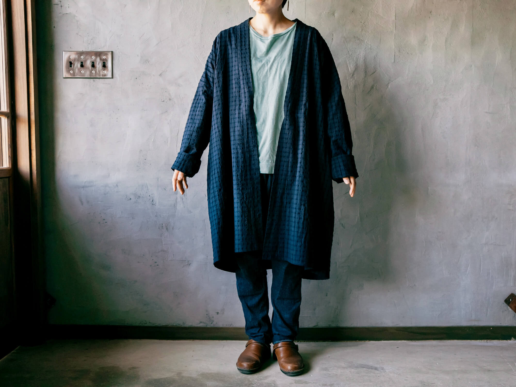 HAORI LONG チェックネイビー/うなぎの寝床